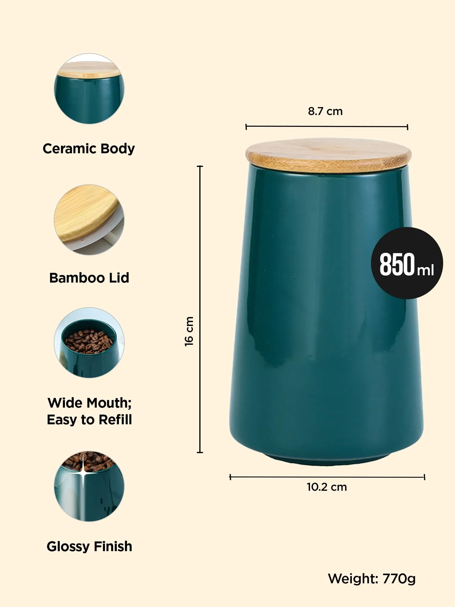 Kuber Industries Ceramic Jar | Food Storage Jar | Kitchen Storage Jar | Round Jar for Home | Sugar Storage Jar | Airtight Bamboo Lid | YX03-L-GN | 850 ML | Green