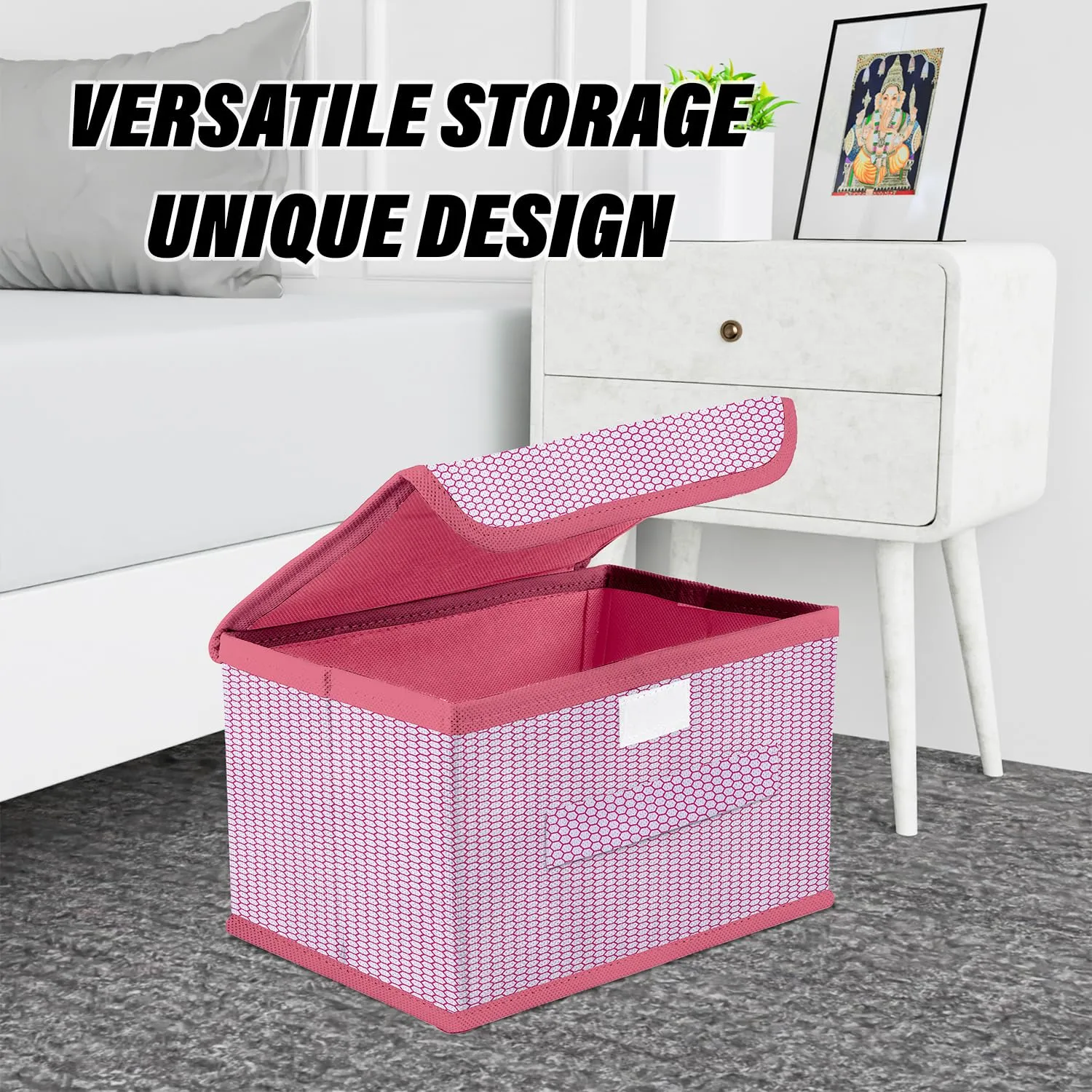 Kuber Industries Drawer Storage Box | Zig Zag Dhakkan Storage Box | Non-Woven Clothes Organizer For Toys | Storage Box with Handle | Large | Pack of 4 | Pink