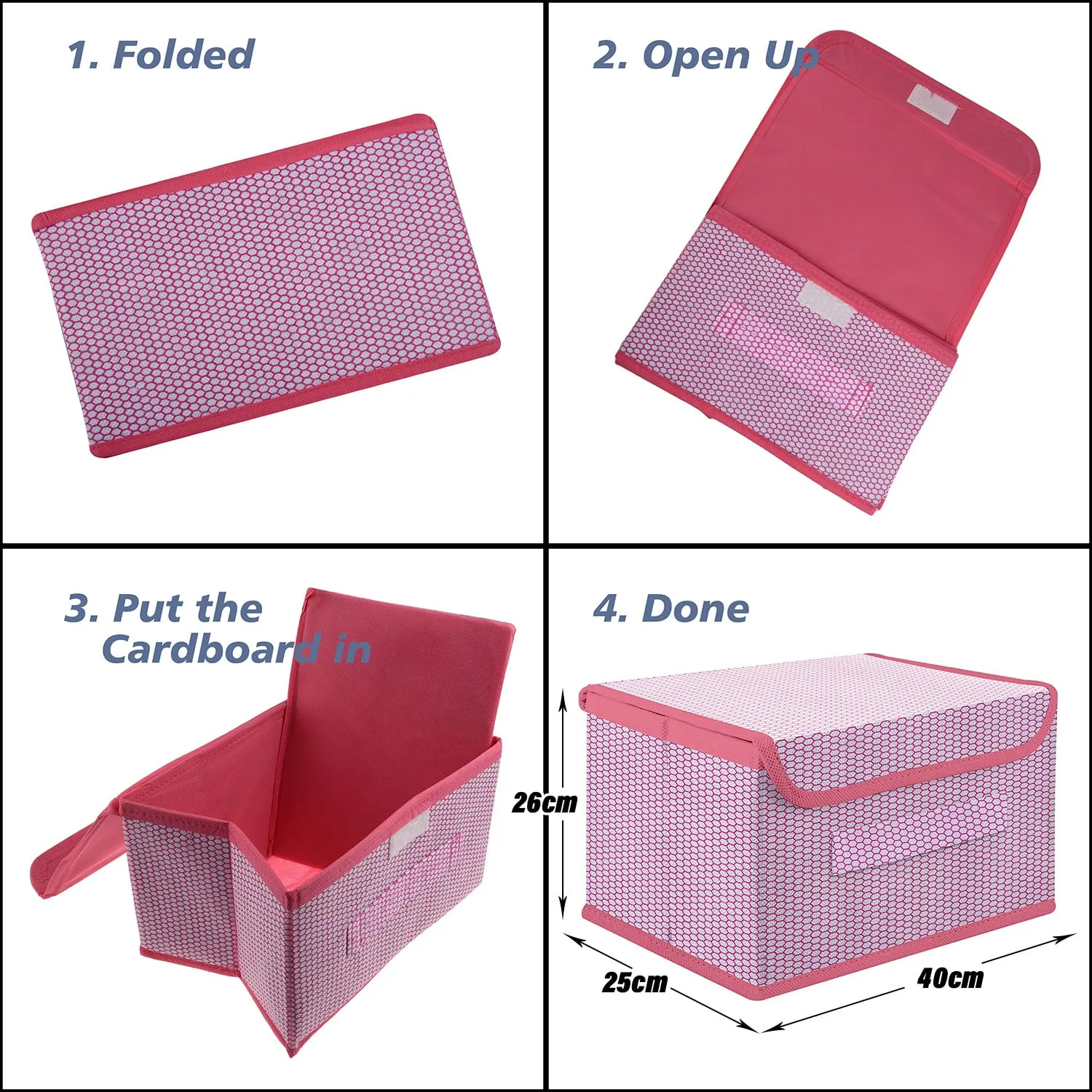 Kuber Industries Drawer Storage Box | Zig Zag Dhakkan Storage Box | Non-Woven Clothes Organizer For Toys | Storage Box with Handle | Large | Pack of 4 | Pink