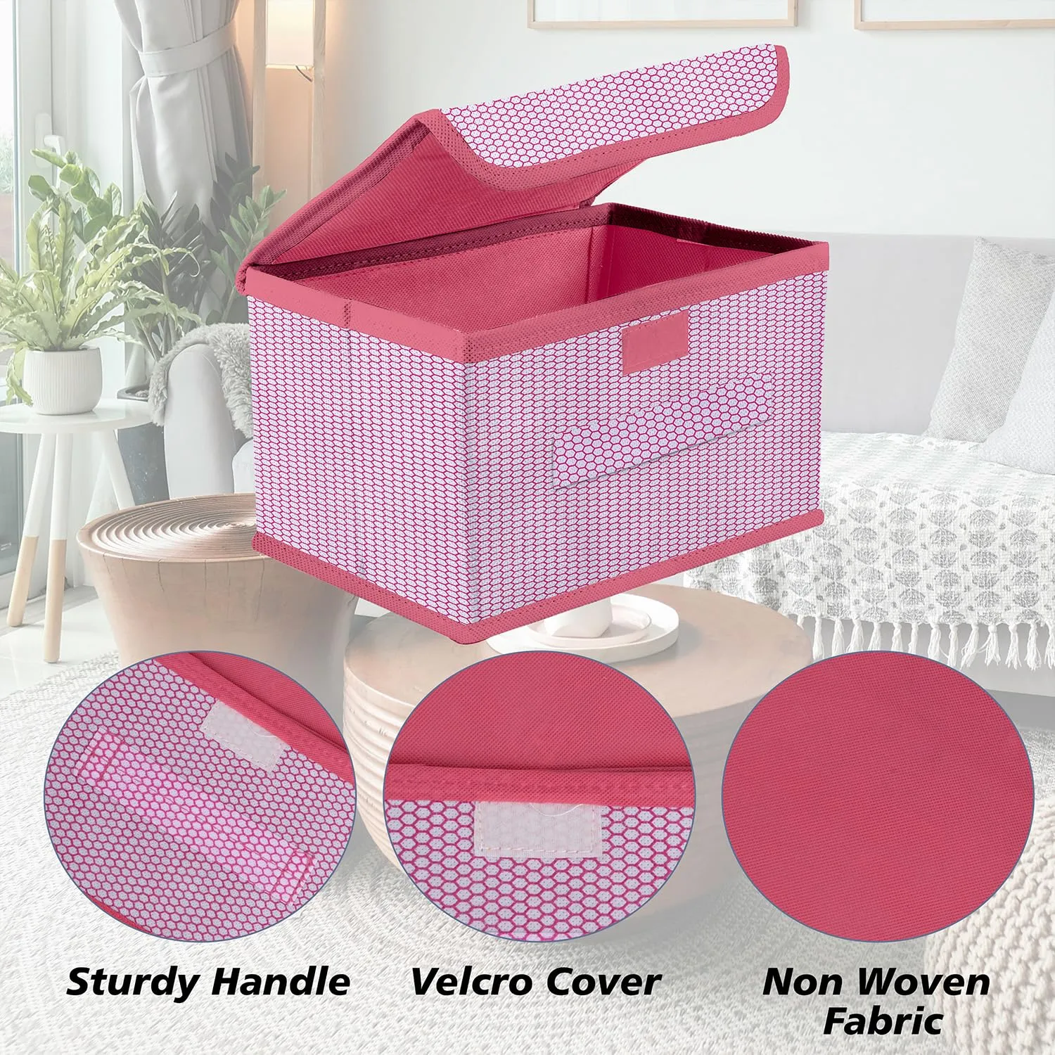 Kuber Industries Drawer Storage Box | Zig Zag Dhakkan Storage Box | Non-Woven Clothes Organizer For Toys | Storage Box with Handle | Large | Pack of 4 | Pink