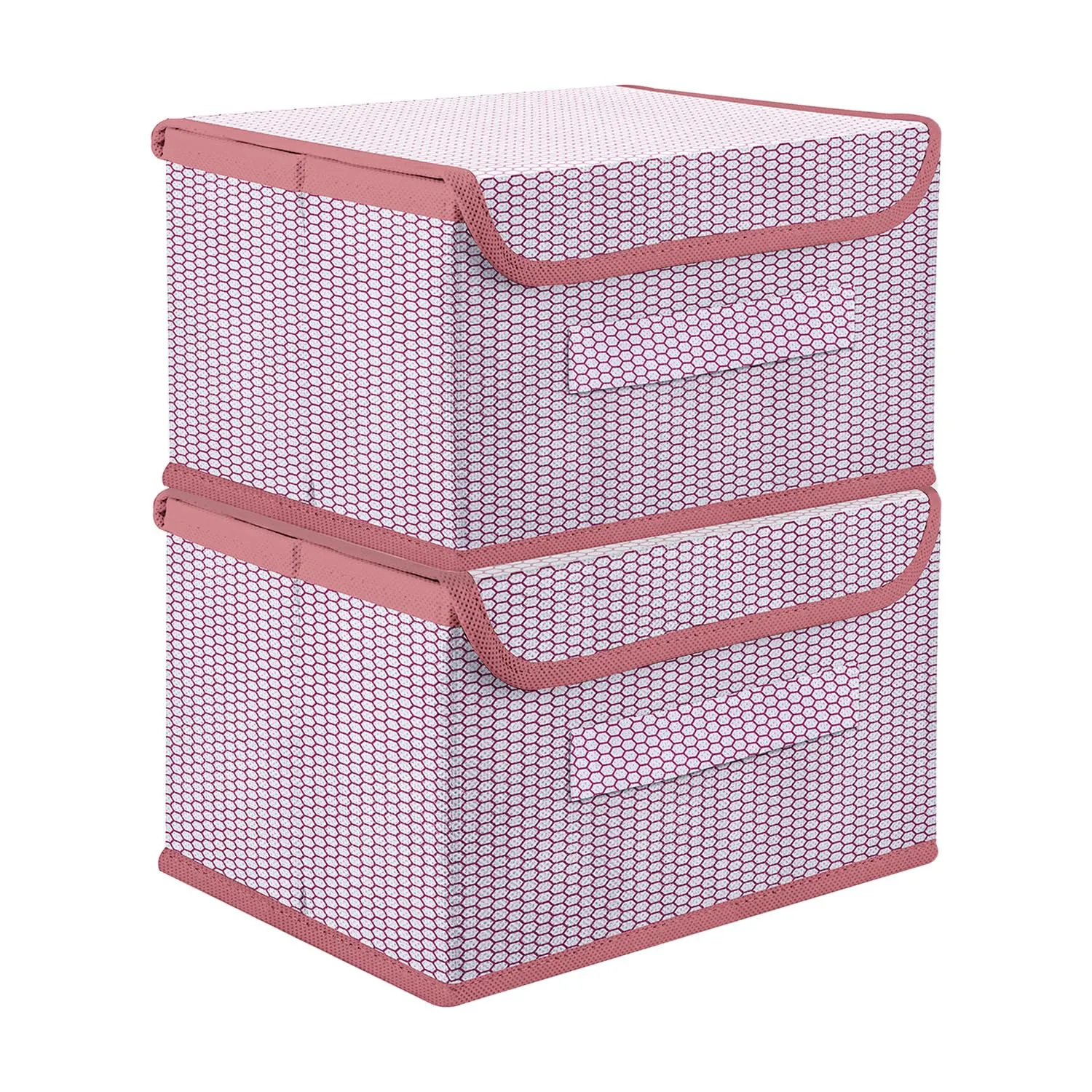 Kuber Industries Drawer Storage Box | Zig Zag Dhakkan Storage Box | Non-Woven Clothes Organizer For Toys | Storage Box with Handle | Small | Pack of 2 | Pink