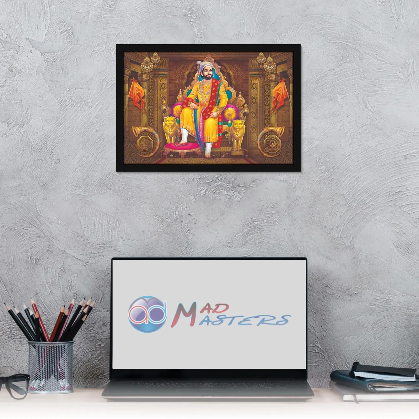 Mad Masters Chhatrapati Shivaji Maharaj Maratha Ruler Painting Photo Frame for Living Room, Bedroom, Home Decor and Wall Decoration (MM 3456, 8x12 Inch, Paper, Without Plexi Glass)