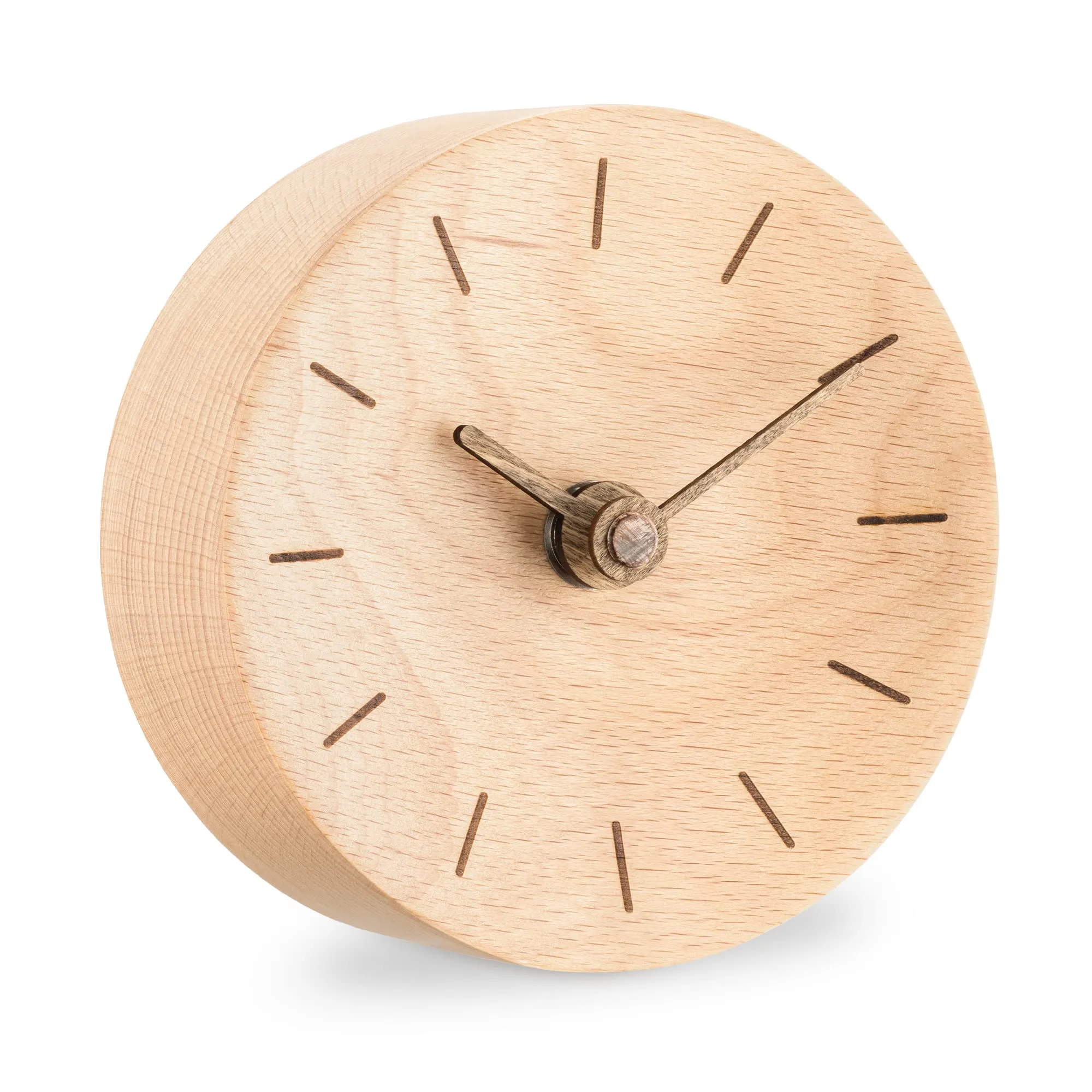 Navaris Small Modern Desk Clock - 4-3/8" Diameter Real Wood Analog Clock for Shelf, Table, Desktop - Silent Tick Battery Operated Clock - Light Brown