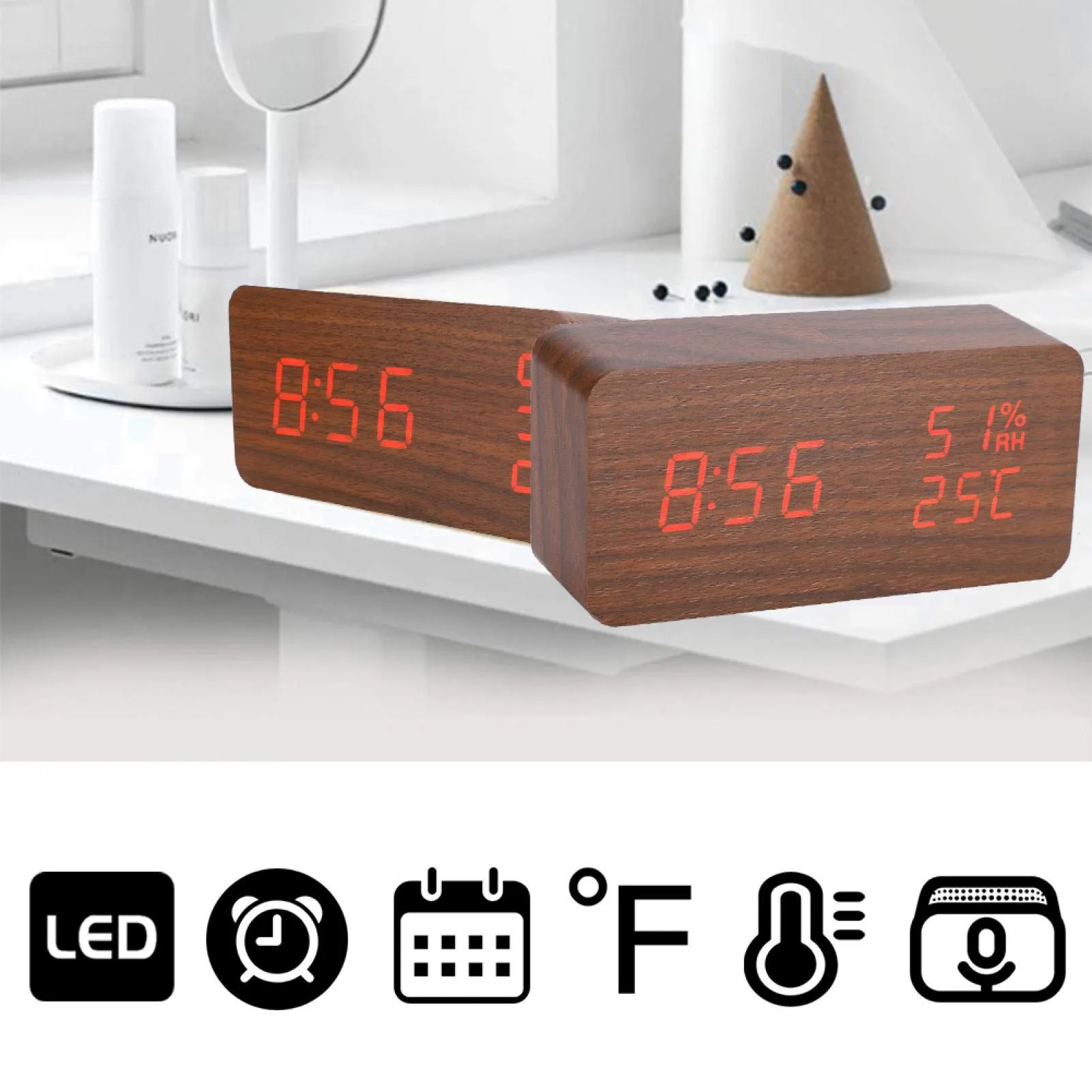 NXZ Digital Wooden Table Desk Clock with Voice Control and Tempreature Function, Good for Home and Office Decor