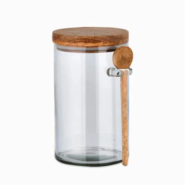 Recycled Glass Storage Jar with Wooden Lid and Spoon