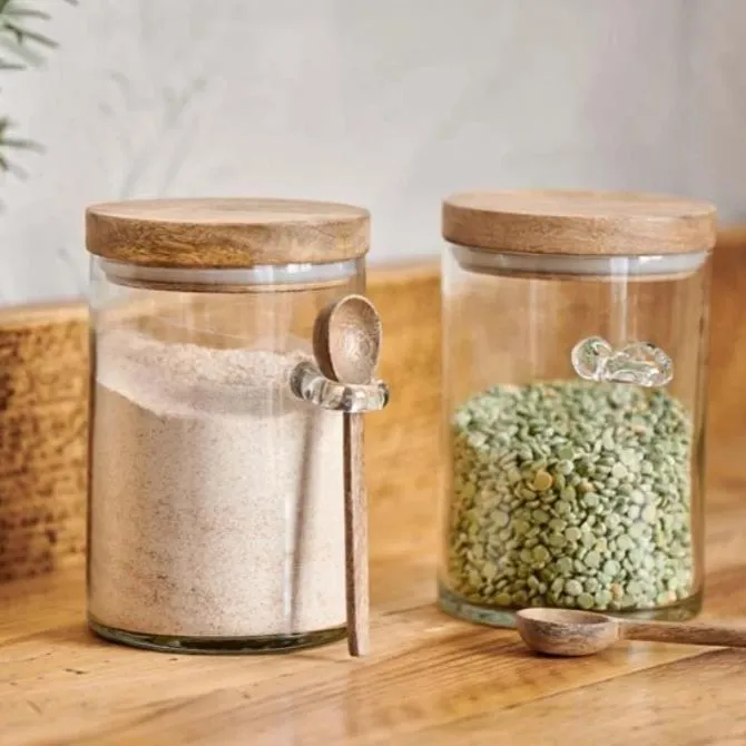 Recycled Glass Storage Jar with Wooden Lid and Spoon