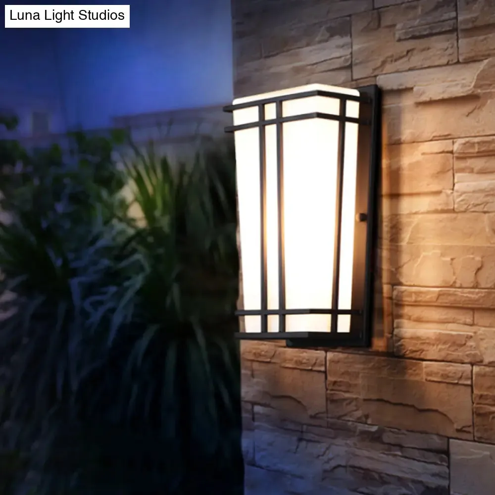 Rustic White Glass Trapezoid Wall Light: Flush Mount for Patio, Textured Black Finish