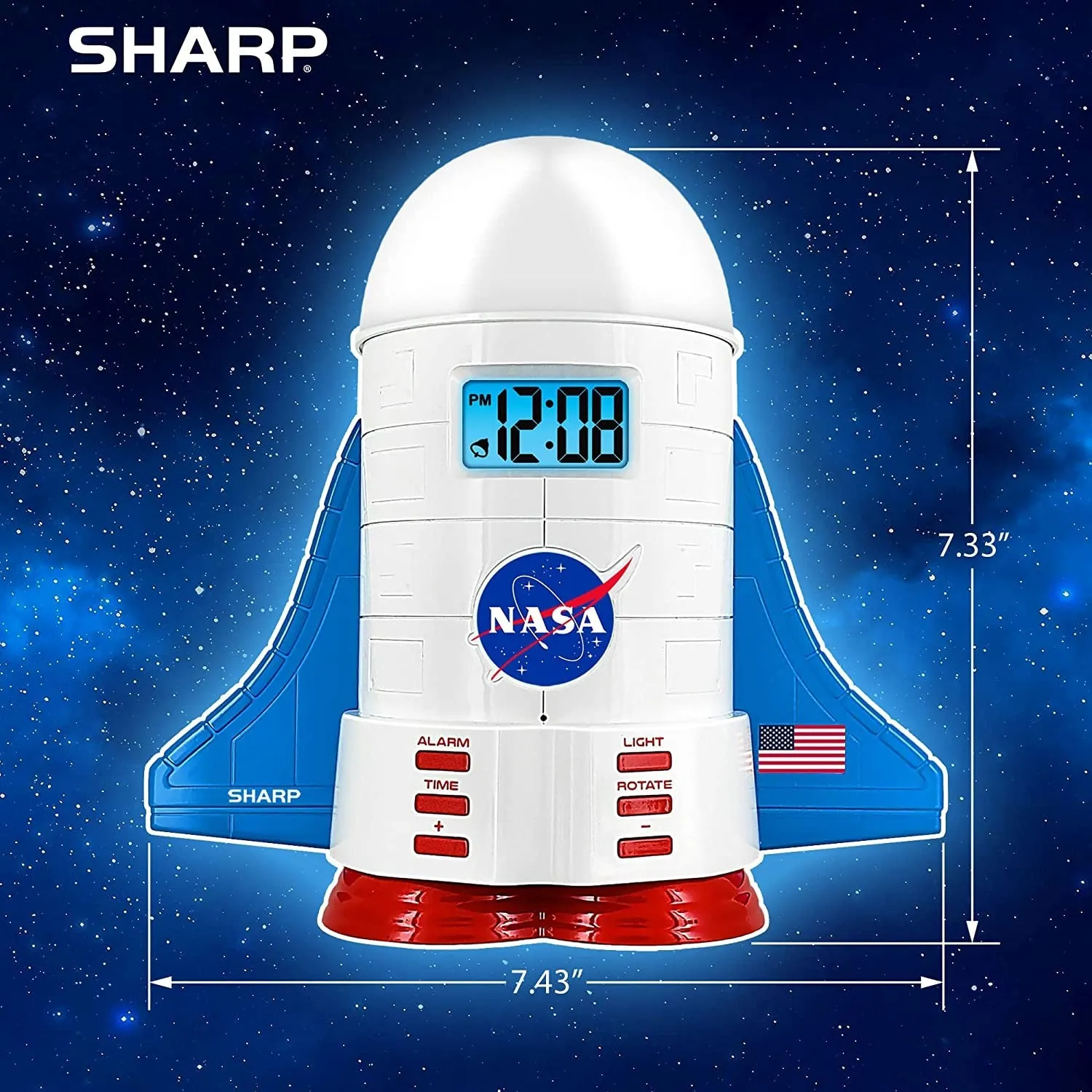 SHARP NASA Space Shuttle Night Light Alarm Clock – Wings and Booster Lights up – Space Design Nightlight Fun with 4 Color Options and 2 Space Themes for Bedroom, Great Gift!