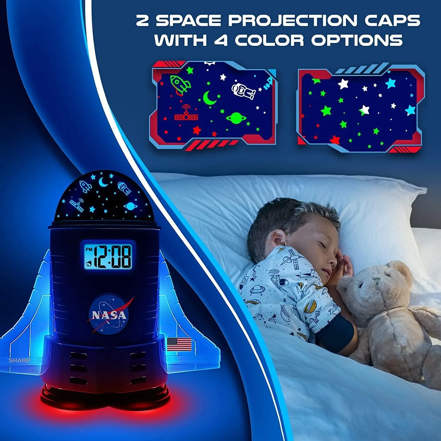 SHARP NASA Space Shuttle Night Light Alarm Clock – Wings and Booster Lights up – Space Design Nightlight Fun with 4 Color Options and 2 Space Themes for Bedroom, Great Gift!