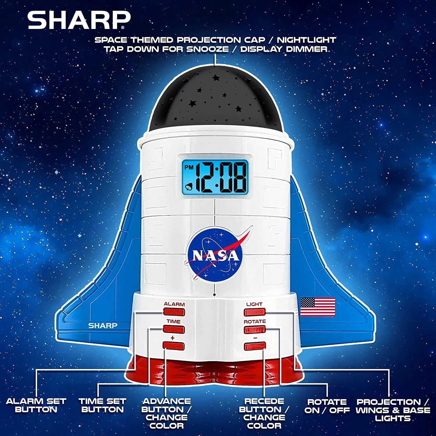 SHARP NASA Space Shuttle Night Light Alarm Clock – Wings and Booster Lights up – Space Design Nightlight Fun with 4 Color Options and 2 Space Themes for Bedroom, Great Gift!