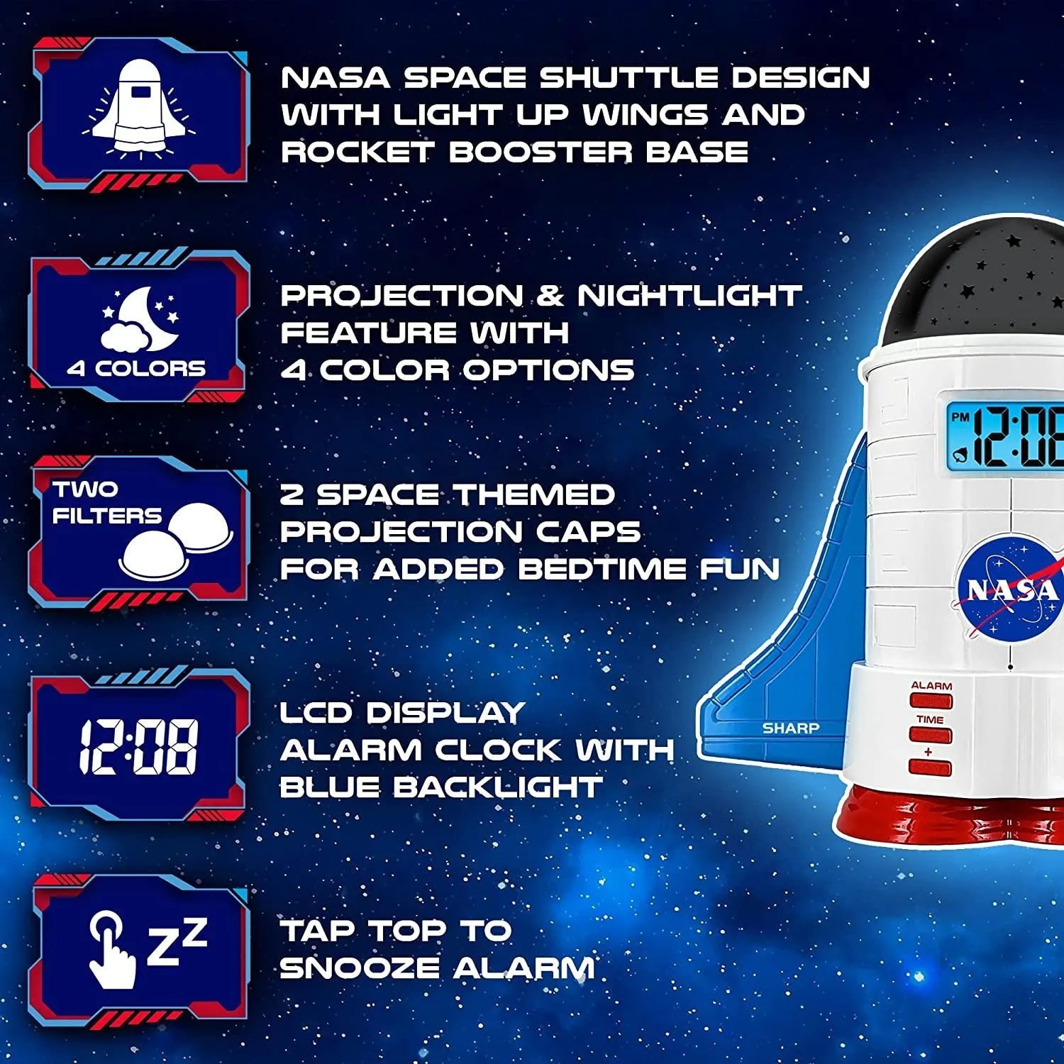 SHARP NASA Space Shuttle Night Light Alarm Clock – Wings and Booster Lights up – Space Design Nightlight Fun with 4 Color Options and 2 Space Themes for Bedroom, Great Gift!