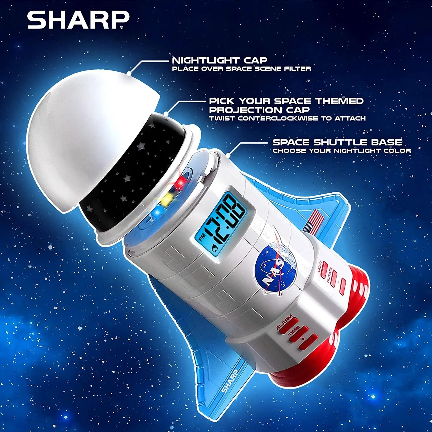 SHARP NASA Space Shuttle Night Light Alarm Clock – Wings and Booster Lights up – Space Design Nightlight Fun with 4 Color Options and 2 Space Themes for Bedroom, Great Gift!