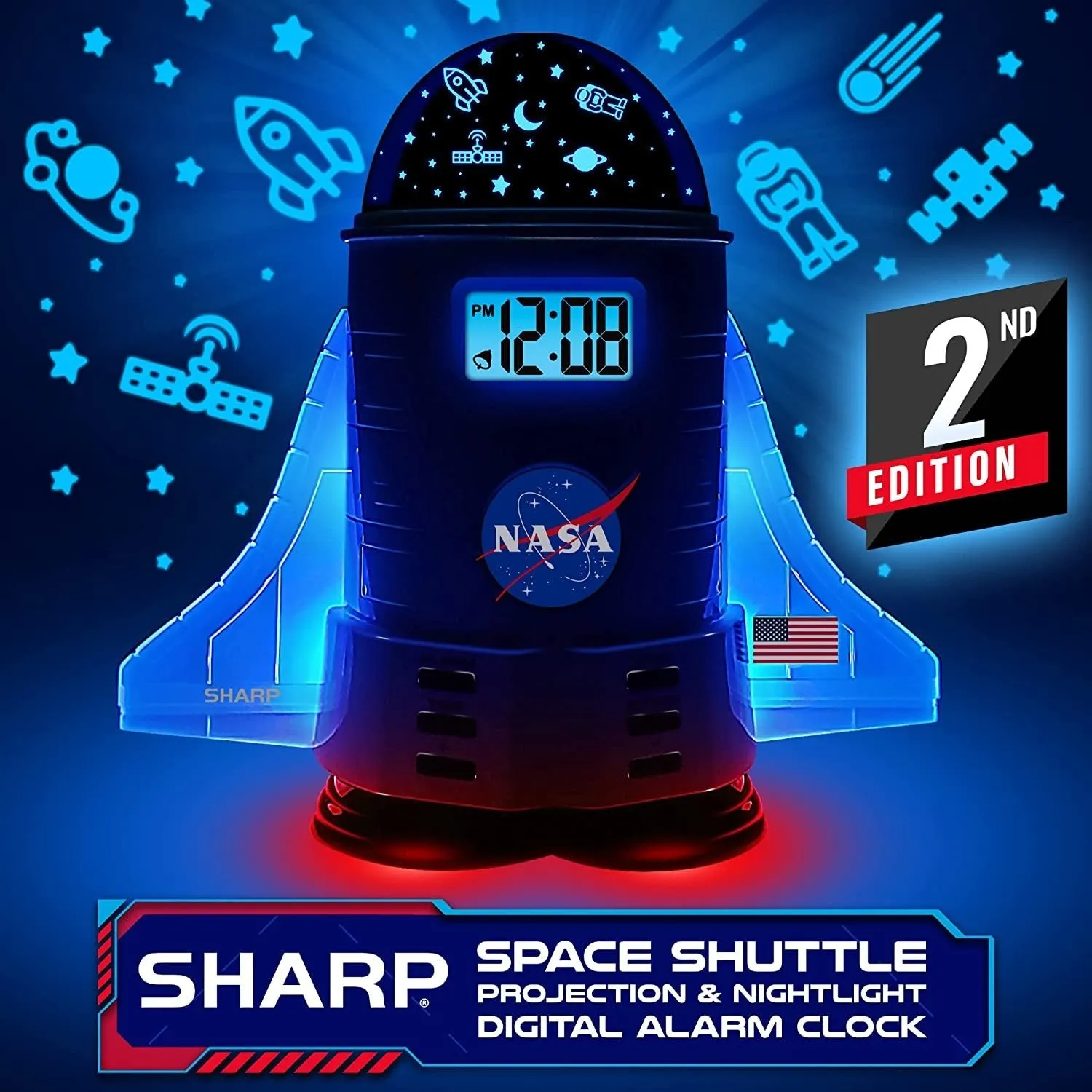 SHARP NASA Space Shuttle Night Light Alarm Clock – Wings and Booster Lights up – Space Design Nightlight Fun with 4 Color Options and 2 Space Themes for Bedroom, Great Gift!