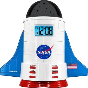 SHARP NASA Space Shuttle Night Light Alarm Clock – Wings and Booster Lights up – Space Design Nightlight Fun with 4 Color Options and 2 Space Themes for Bedroom, Great Gift!