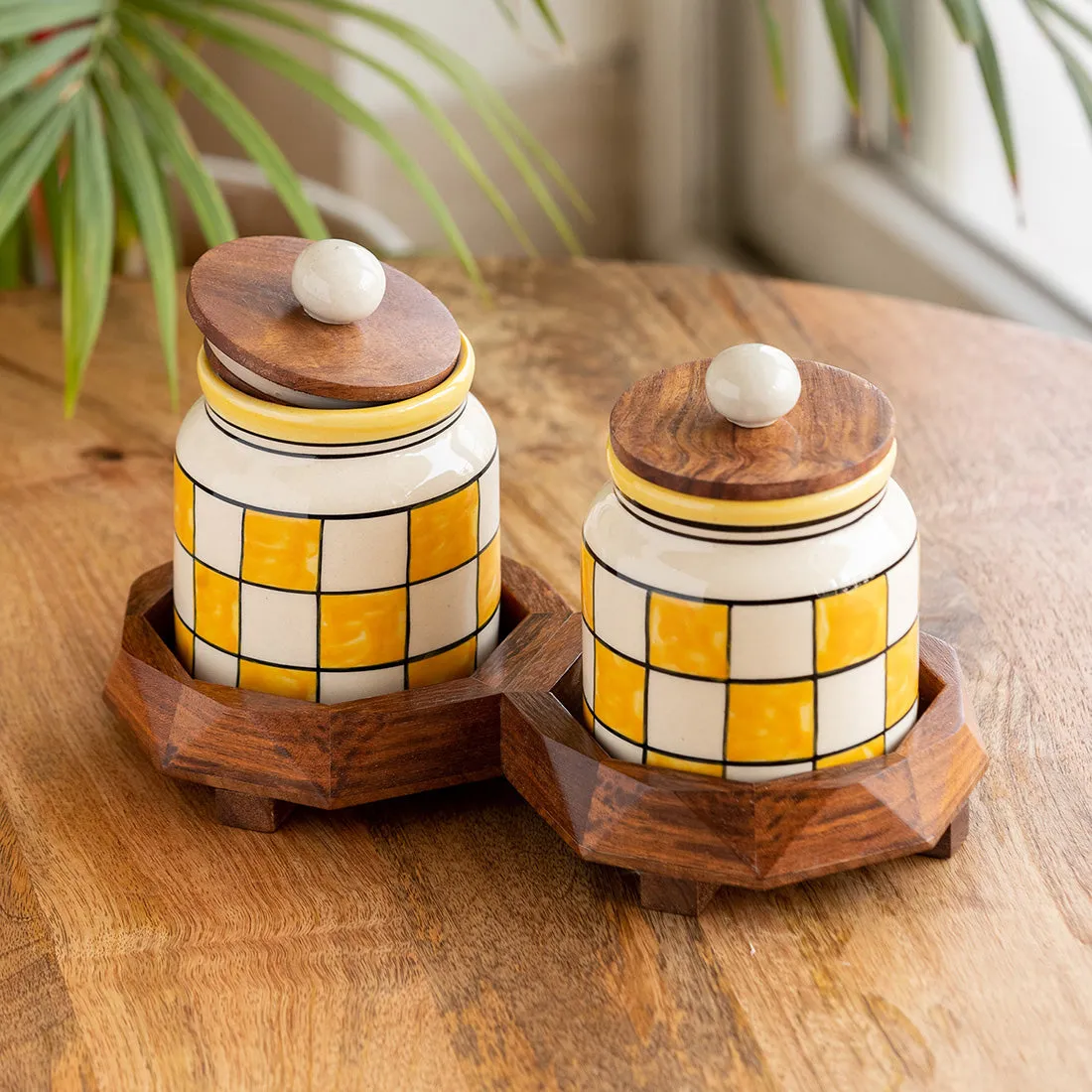 'Shatranj Checkered' Hand-Painted Ceramic Storage Jars & Containers with Tray (Set of 2, 440 ML)