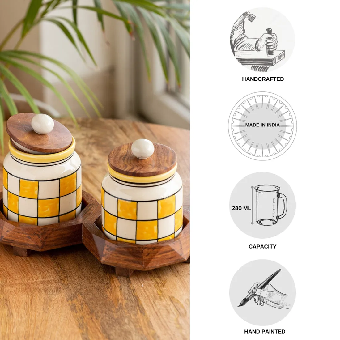 'Shatranj Checkered' Hand-Painted Ceramic Storage Jars & Containers with Tray (Set of 2, 440 ML)