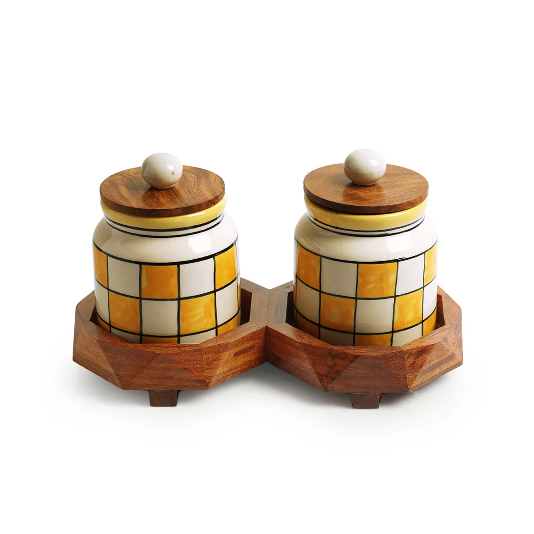 'Shatranj Checkered' Hand-Painted Ceramic Storage Jars & Containers with Tray (Set of 2, 440 ML)