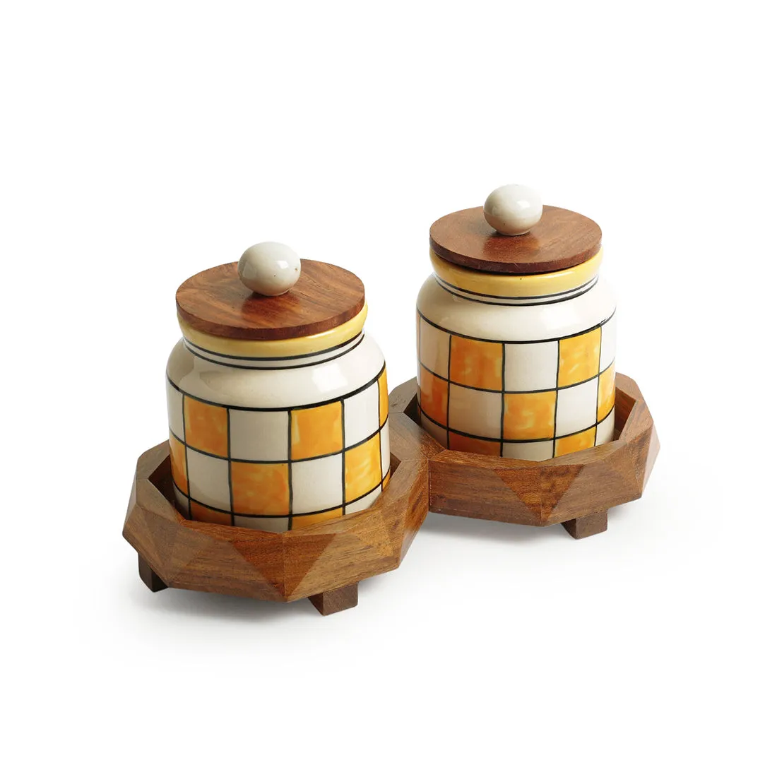 'Shatranj Checkered' Hand-Painted Ceramic Storage Jars & Containers with Tray (Set of 2, 440 ML)