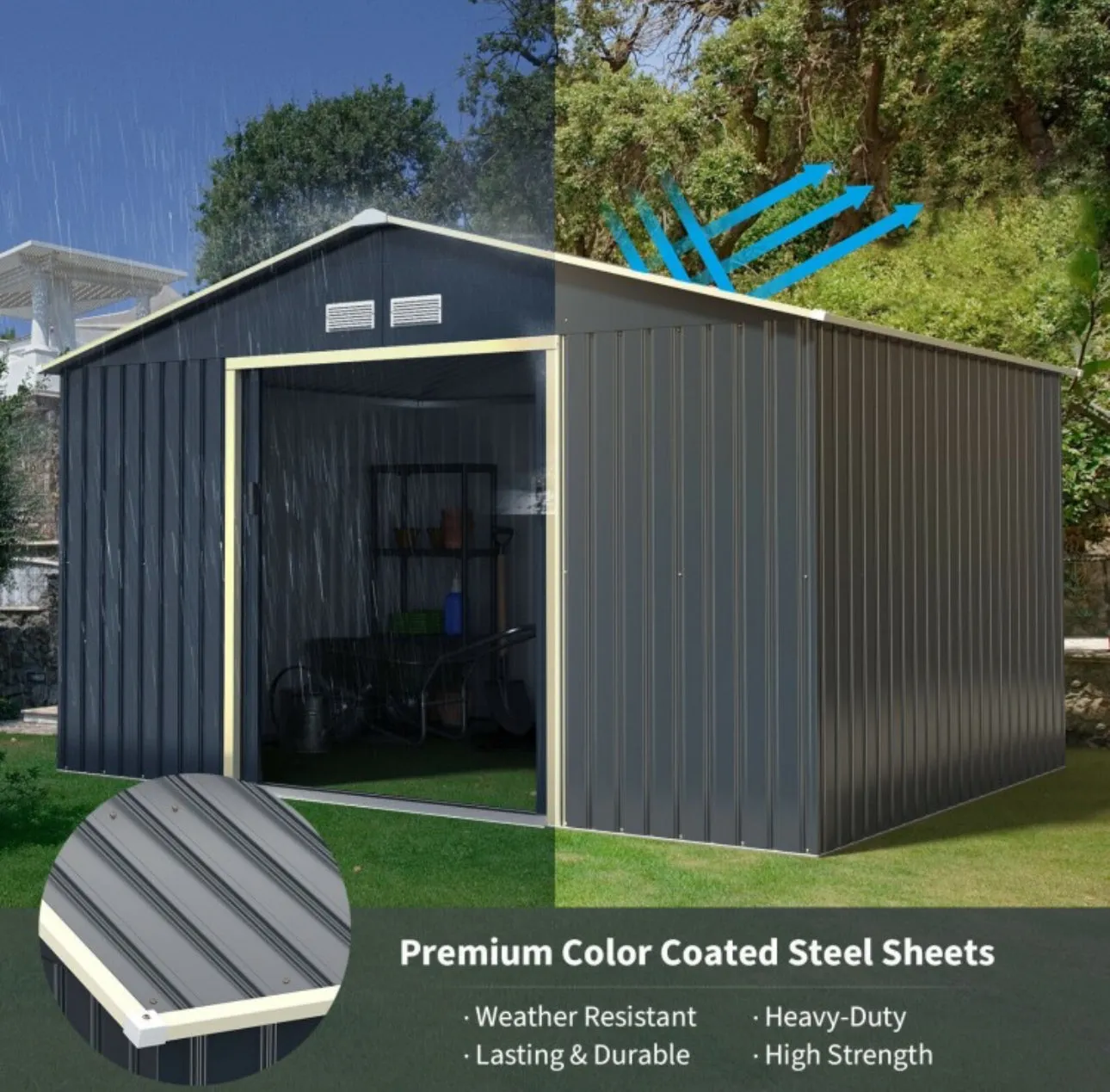 Super Duty 11x8 Ft Metal Storage Shed For Garden, Tools, | 2 Lockable Sliding Doors | Weather Resistant | 4 Air Vents | Slope Roof | Patio