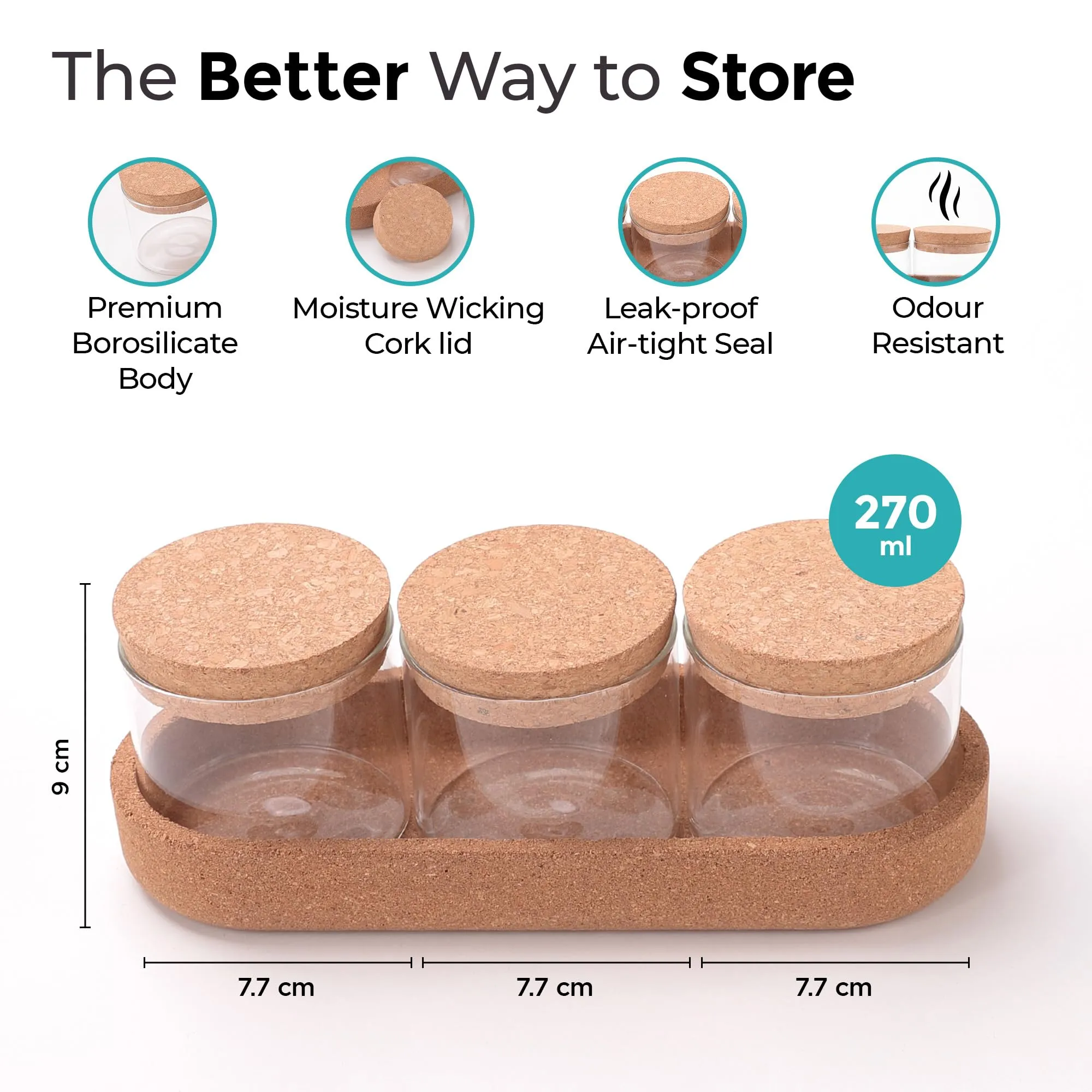 The Better Home Borosilicate Glass Jars with cork lids & cork tray | 270ml Pack of 3 | Airtight Containers with Lid | Kitchen Organizer | Multipurpose Jars for Snacks Spices Dry Fruits