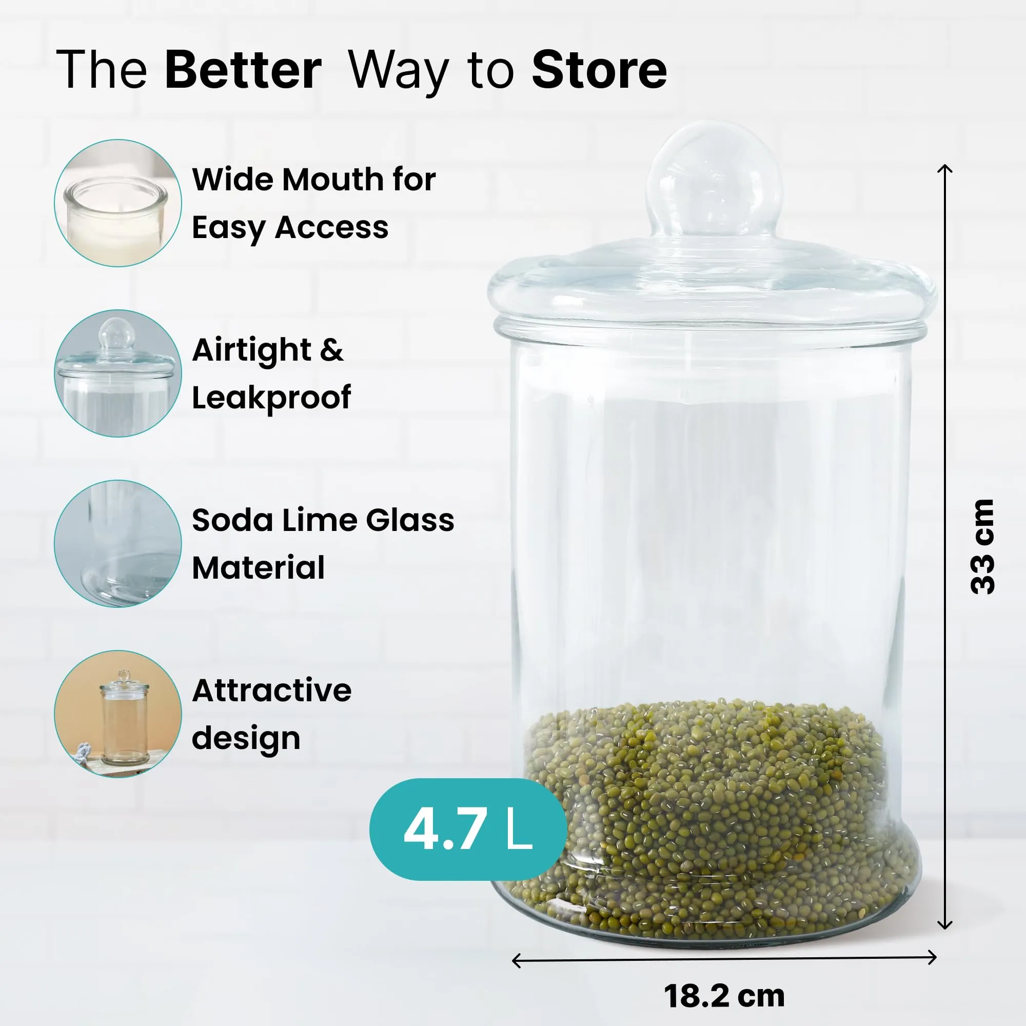 The Better Home Glass Jar for Kitchen Storage | Glass Containers with Lid | Kitchen Storage Container with wide Mouth | Food Storage Container for Kitchen | Transparent | 5 Litre