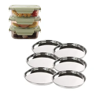 The Better Home Tall Jars 1000ml (Pack of 6) | Food Jars & Containers|Food Storage For Kitchen & SAVYA HOME 6 pcs big Plate Set |Pack and Store Combo (3 Containers   6 Big Plates)