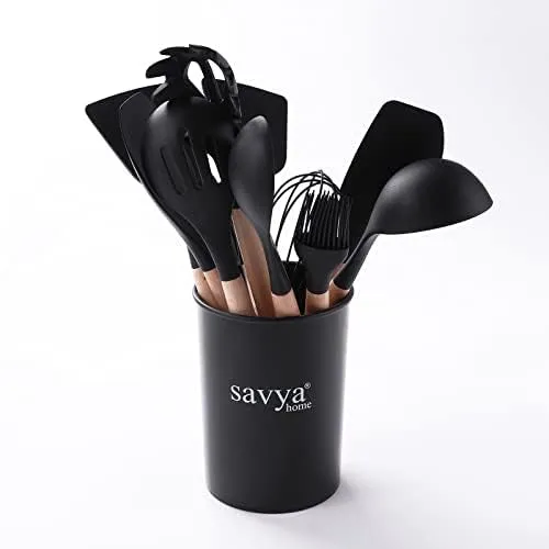 The Better Home Tall Jars 1000ml (Pack of 6) Food Jars |Storage For Kitchen & Savya-12 Pcs Kitchen Utensils Set (Black)-Silicone |Pack and Store Combo (3 Containers   12Pcs Utensils Set)