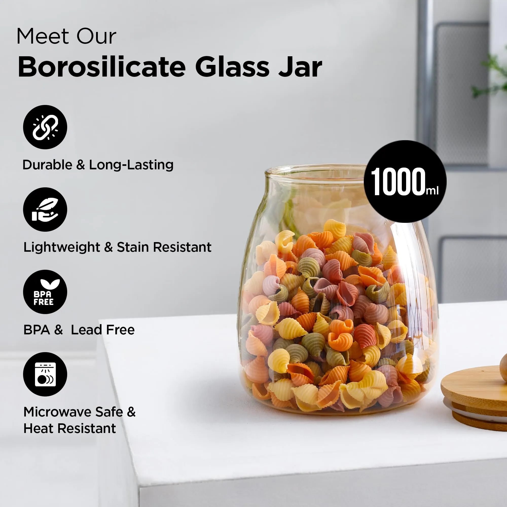 UMAI Borosilicate Glass Jars with Bamboo Lids | 1000ml | Multipurpose Airtight Storage Jars for Cookies, Snacks, Spices, Dry Fruits, Nuts | Amber | Leakproof | BPA Free |