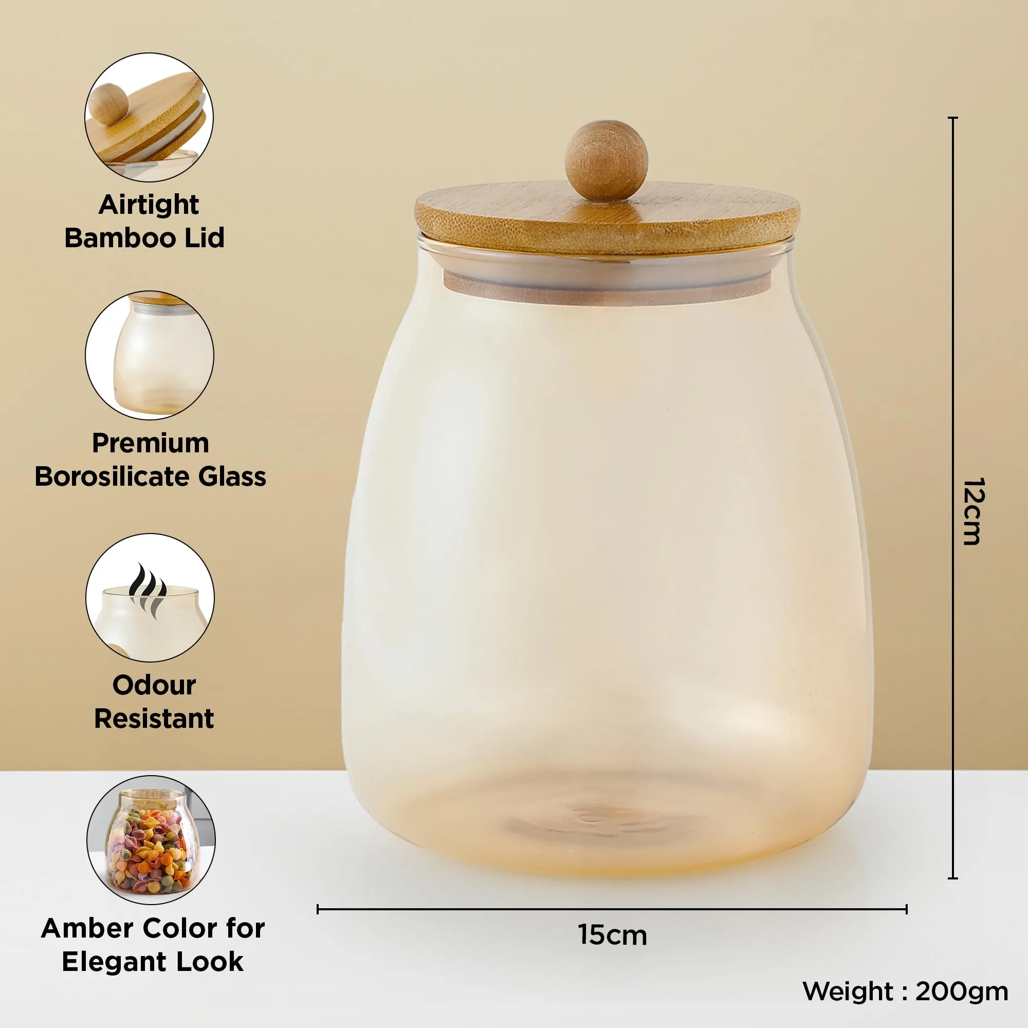 UMAI Borosilicate Glass Jars with Bamboo Lids | 1000ml | Multipurpose Airtight Storage Jars for Cookies, Snacks, Spices, Dry Fruits, Nuts | Amber | Leakproof | BPA Free |