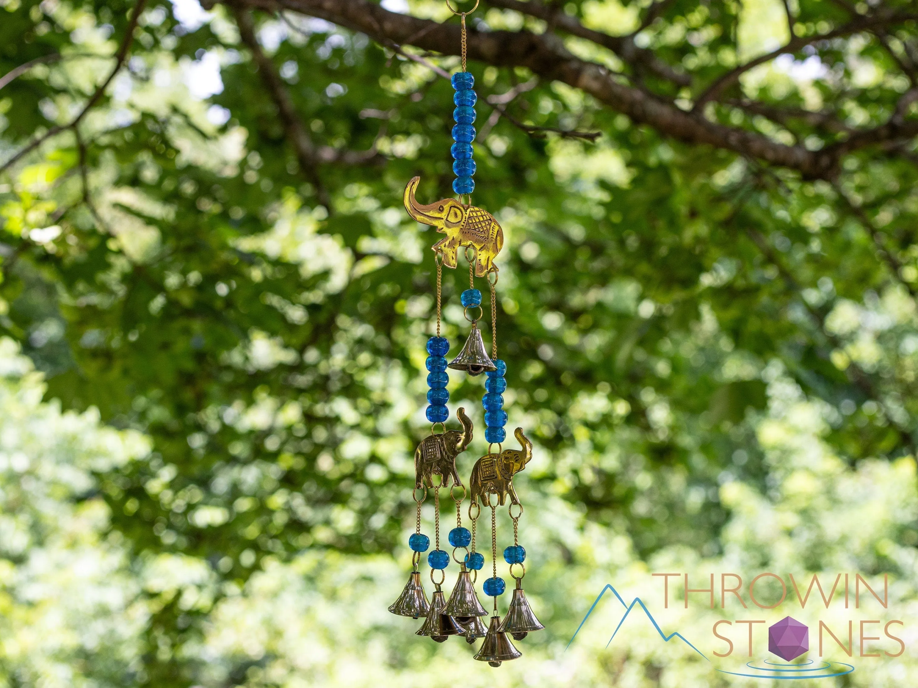 WIND CHIME - Elephant, Glass Beads, Gold Brass, Bells - Windchime for Outdoors, Home Decor, E2126