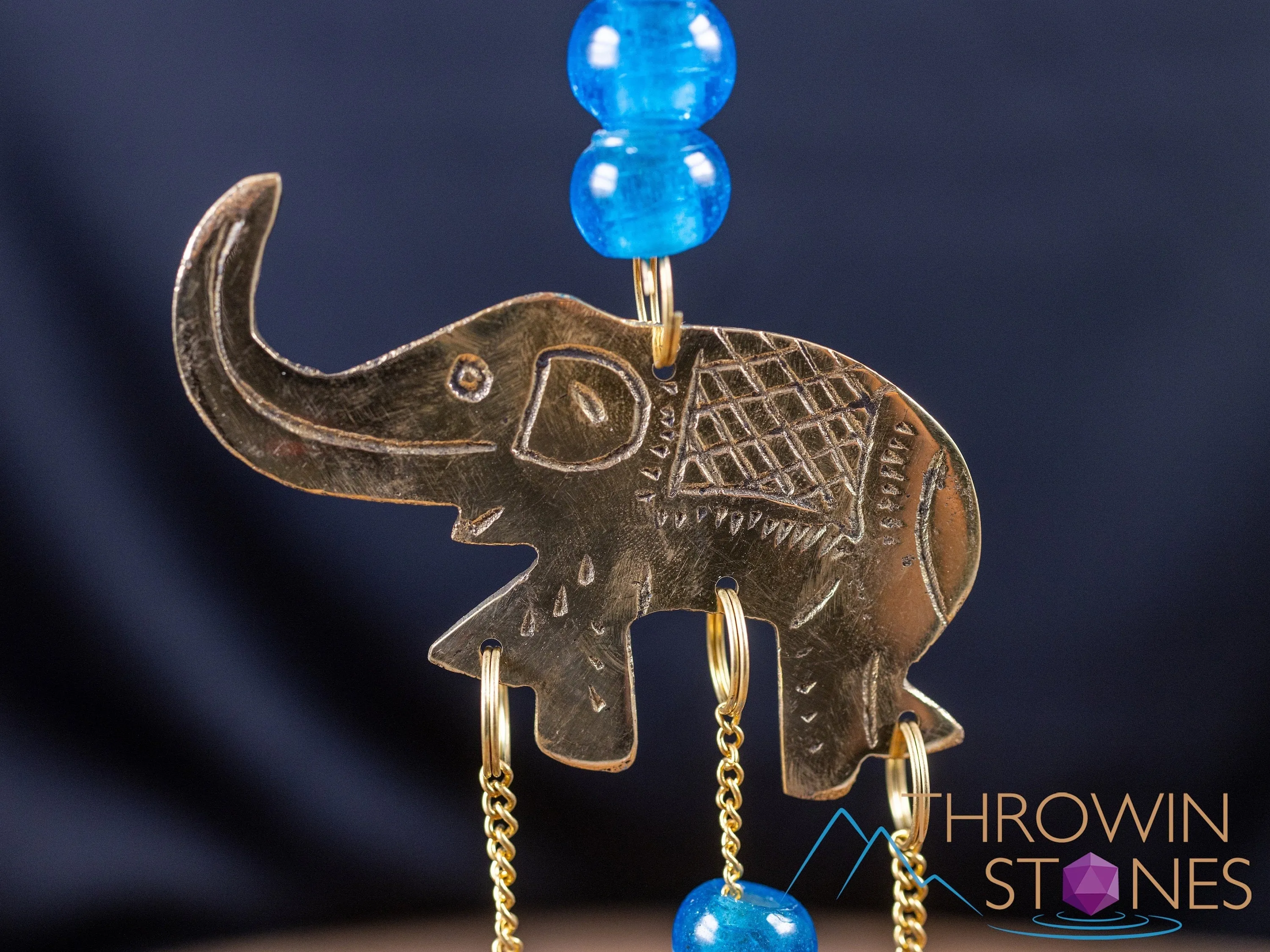 WIND CHIME - Elephant, Glass Beads, Gold Brass, Bells - Windchime for Outdoors, Home Decor, E2126