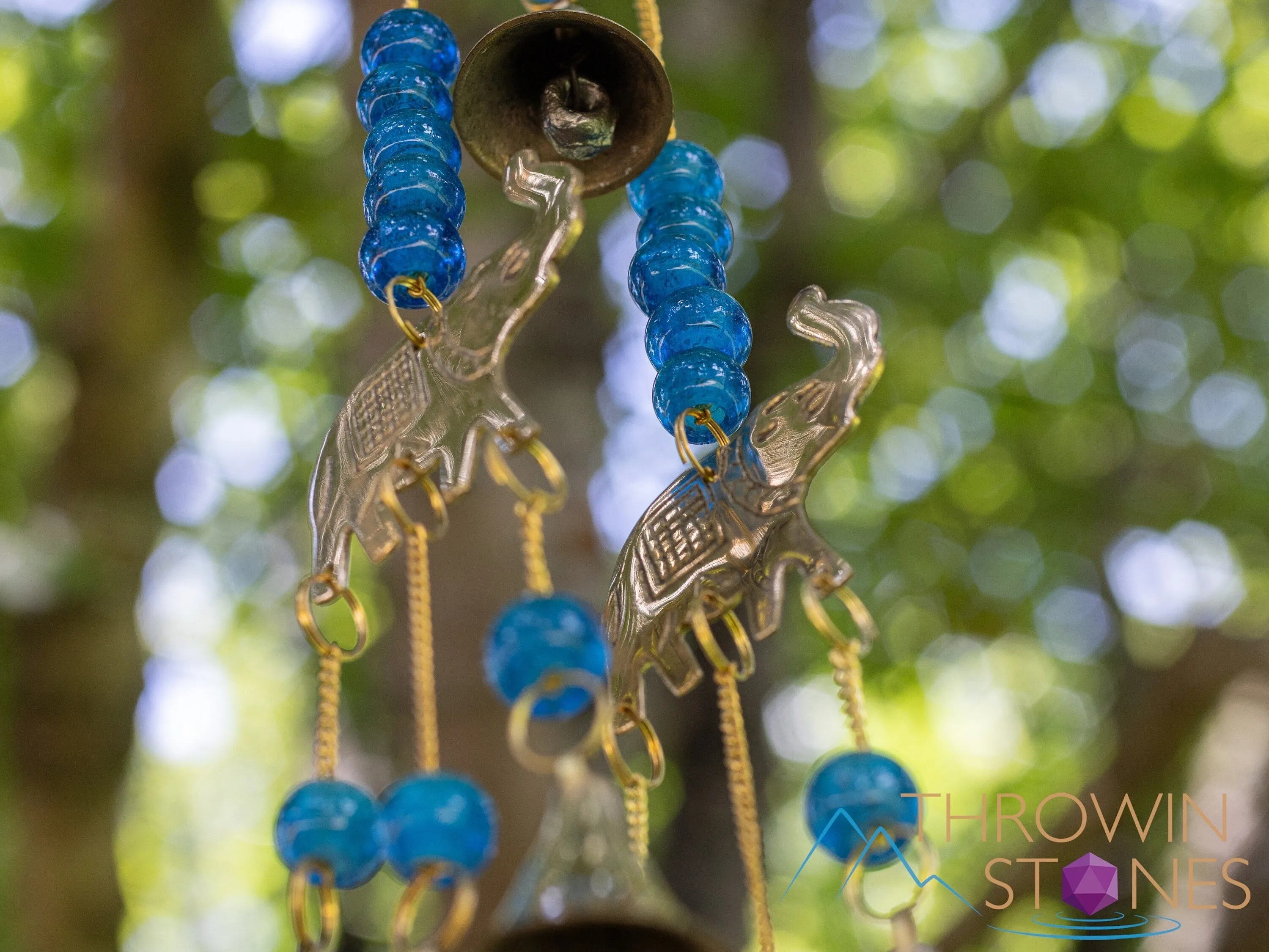 WIND CHIME - Elephant, Glass Beads, Gold Brass, Bells - Windchime for Outdoors, Home Decor, E2126