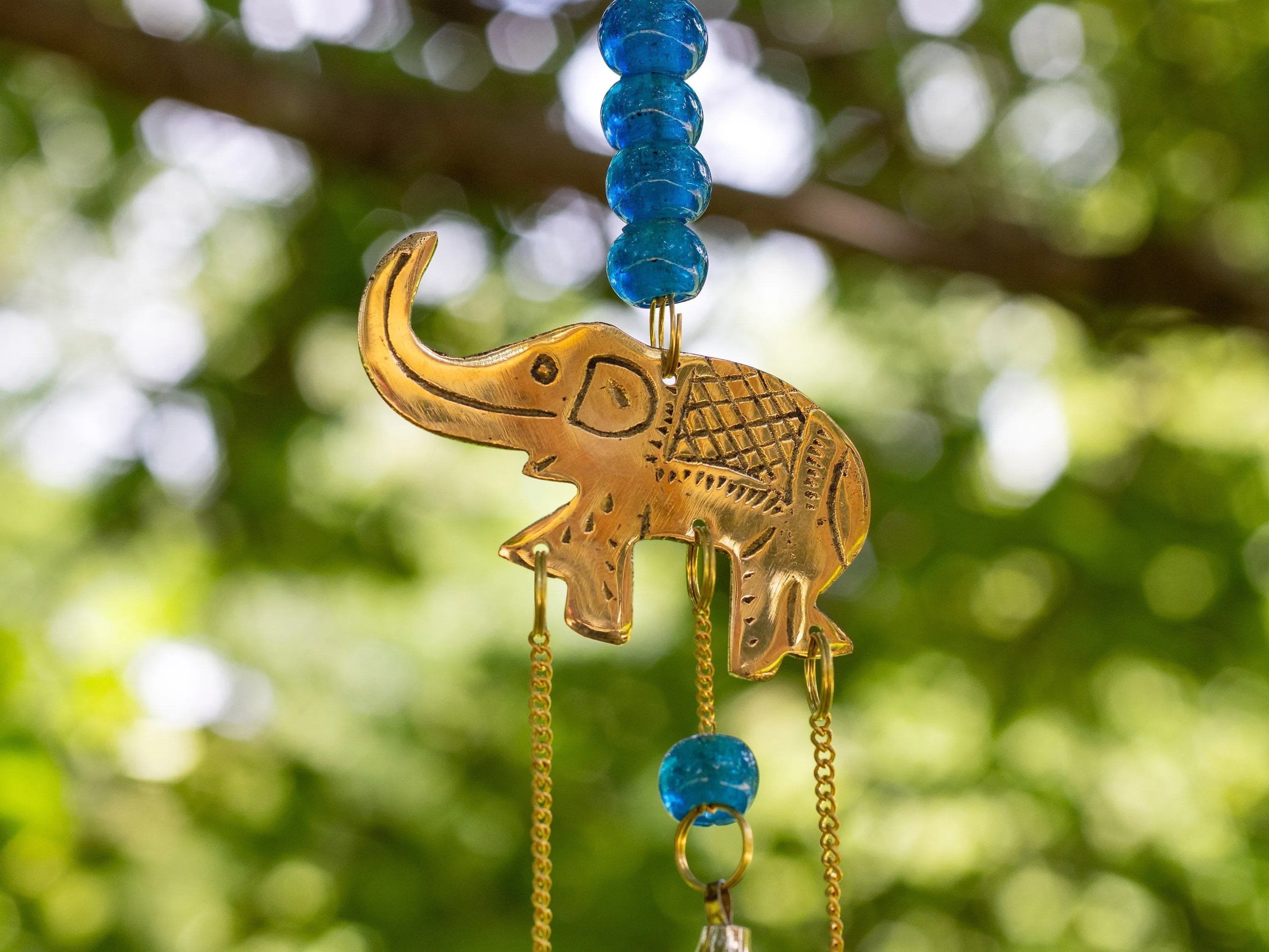 WIND CHIME - Elephant, Glass Beads, Gold Brass, Bells - Windchime for Outdoors, Home Decor, E2126