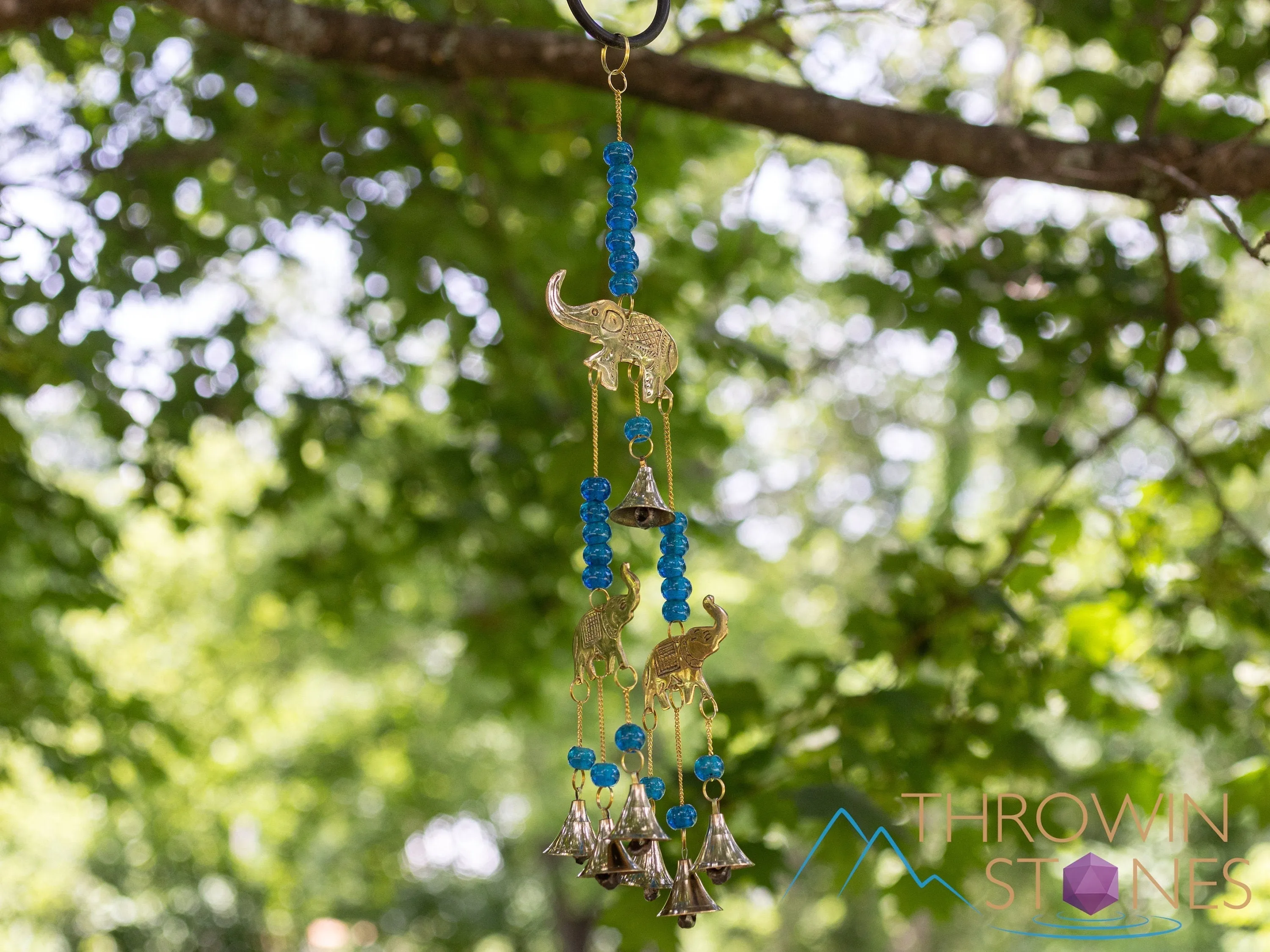 WIND CHIME - Elephant, Glass Beads, Gold Brass, Bells - Windchime for Outdoors, Home Decor, E2126